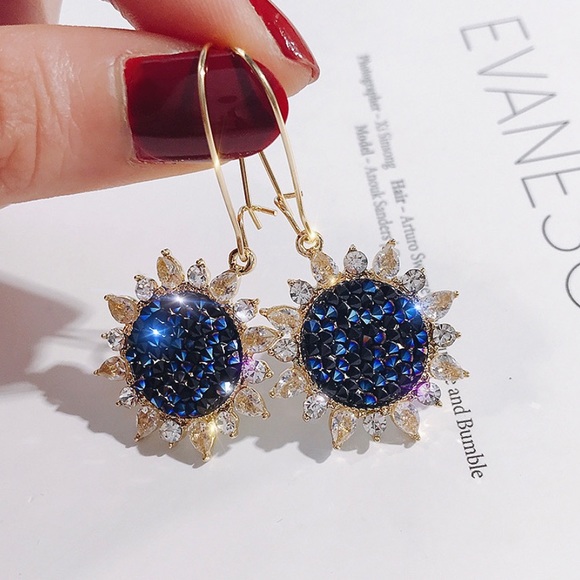 Jewelry - Blue Crushed Gem Sunflower Ear Wire Earrings